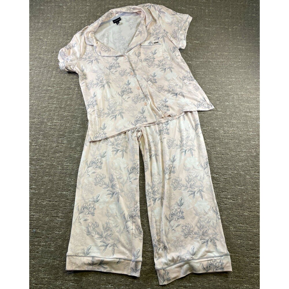 New Tahari Women's L large Pajama PJs Set pink/Gray Floral Button-Front Knit $58